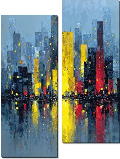 Модульная картина Городская сцена с высотными зданиями и отражениями на воде в вечернее время