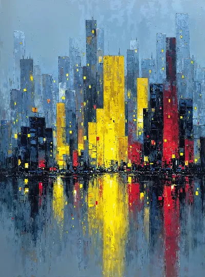 Плакат Городская сцена с высотными зданиями и отражениями на воде в вечернее время