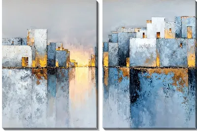 Модульная картина Городская сцена на фоне водной глади с отражениями зданий