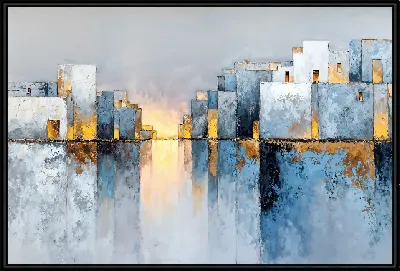 Картина Городская сцена на фоне водной глади с отражениями зданий