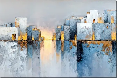 Картина маслом Городская сцена на фоне водной глади с отражениями зданий