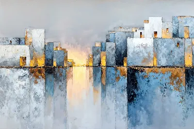 Плакат Городская сцена на фоне водной глади с отражениями зданий