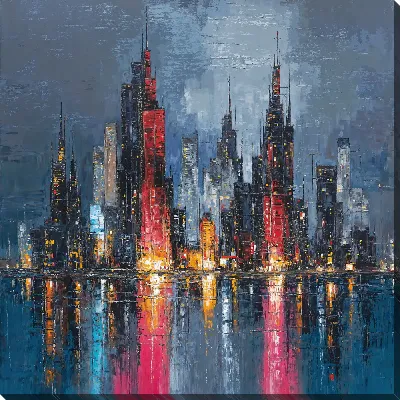 Картина маслом Городская сцена с высокими зданиями и отражением в воде в вечернее время