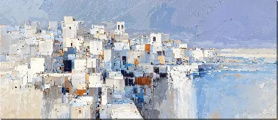 Картина маслом Города с белыми домами на скалах у моря в ясный день