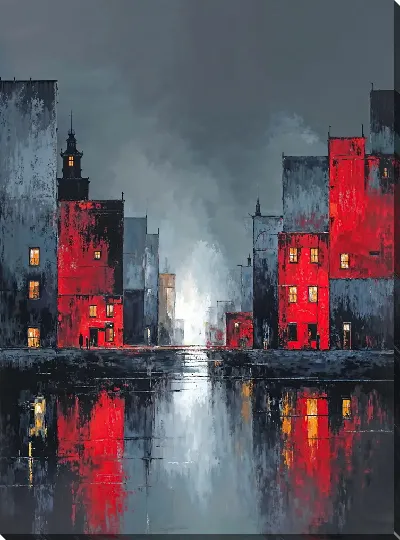 Картина маслом Город на закате с отражениями зданий на воде