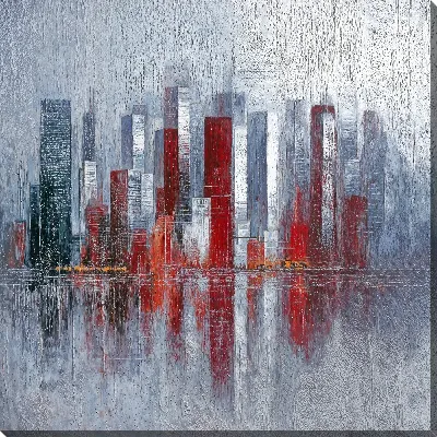 Картина маслом Городские здания на фоне воды в серых и красных тонах