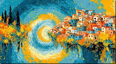 Картина маслом Цветное поселение на холме с домами и деревьями