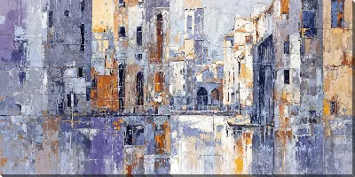 Картина маслом Жители города наслаждаются днем у канала в венецианском пейзаже с домами