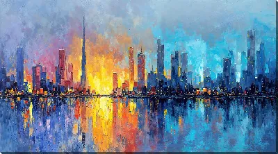 Картина маслом Городская панорама на закате с яркими цветами и отражением в воде