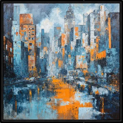 Городская сцена на улице с высокими зданиями и отражением в воде в серый день