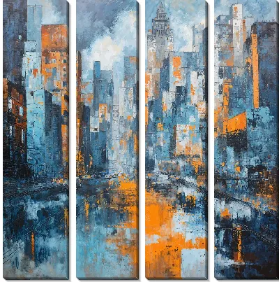 Городская сцена на улице с высокими зданиями и отражением в воде в серый день