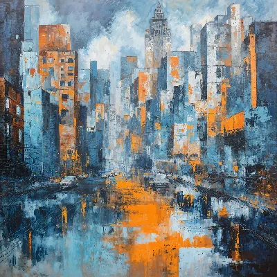 Городская сцена на улице с высокими зданиями и отражением в воде в серый день