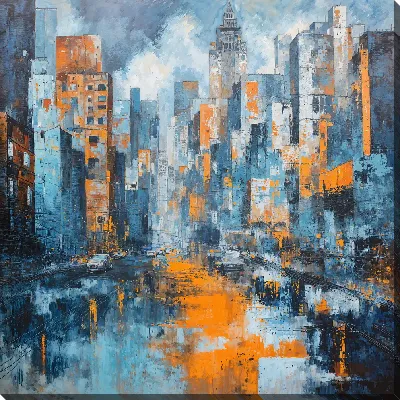 Городская сцена на улице с высокими зданиями и отражением в воде в серый день