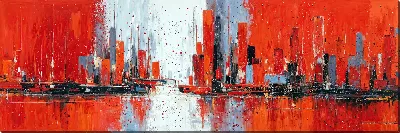 Картина маслом Города на закате с высоким небом и отражением на воде