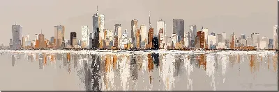 Картина маслом Городская панорама с отражением небоскрёбов на воде в ясный день