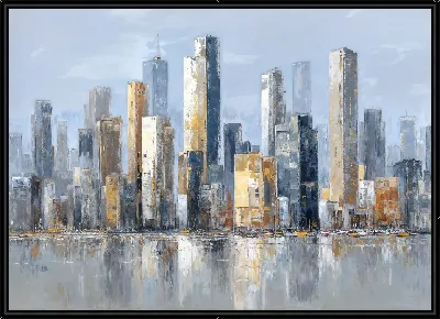 Сити с высотными зданиями и отражением на воде в ясный день