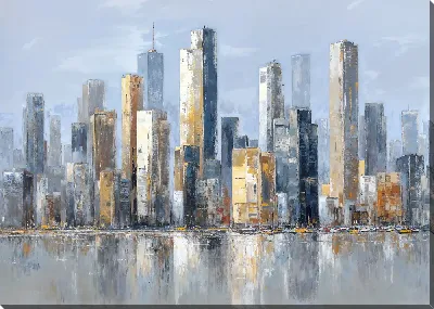 Картина маслом Сити с высотными зданиями и отражением на воде в ясный день