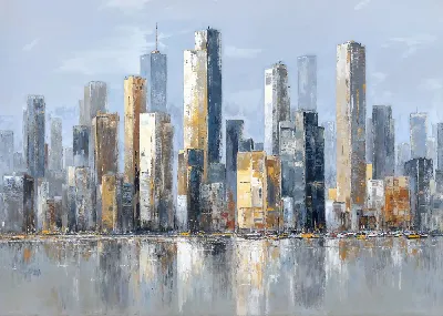 Сити с высотными зданиями и отражением на воде в ясный день