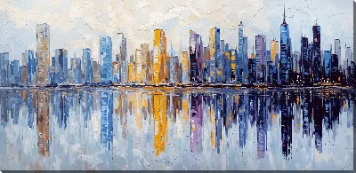 Картина маслом Городские небоскребы отражаются в воде на закате