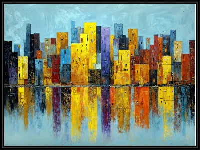 Городские здания отражаются в воде на картине с яркими цветами в современном стиле