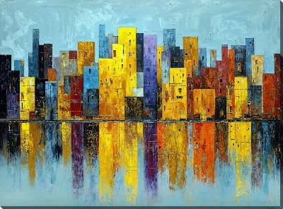 Городские здания отражаются в воде на картине с яркими цветами в современном стиле