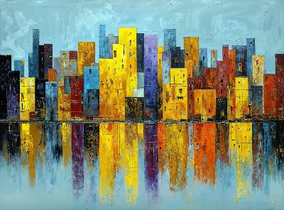 Городские здания отражаются в воде на картине с яркими цветами в современном стиле