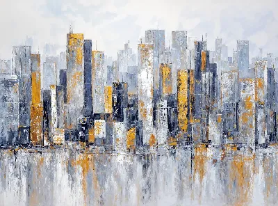 Городской пейзаж с высотными зданиями и отражением на воде