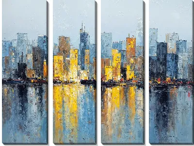 Городские здания и отражения воды в разное время суток