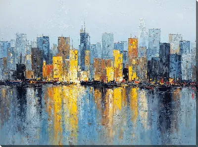 Городские здания и отражения воды в разное время суток