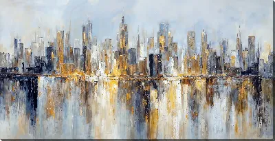 Картина маслом Городская жизнь на фоне небоскребов и отражение в воде в современном стиле