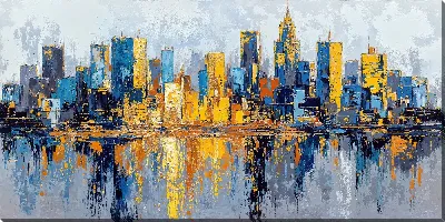 Картина маслом Современный городской пейзаж с отражением в воде на фоне заката