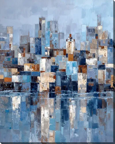 Картина маслом Городские здания и отражения на воде в абстрактном стиле