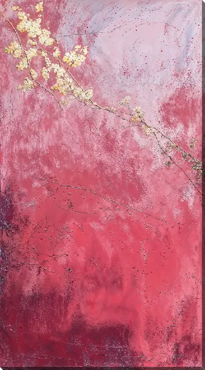 Картина маслом Красный фон с веткой цветка