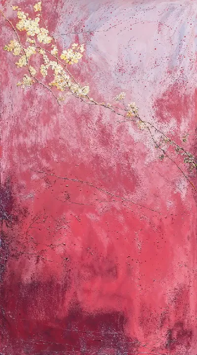 Плакат Красный фон с веткой цветка