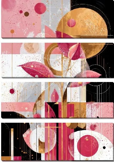 Модульная картина Розовая абстракция с цветами и геометрическими формами в ярких цветах