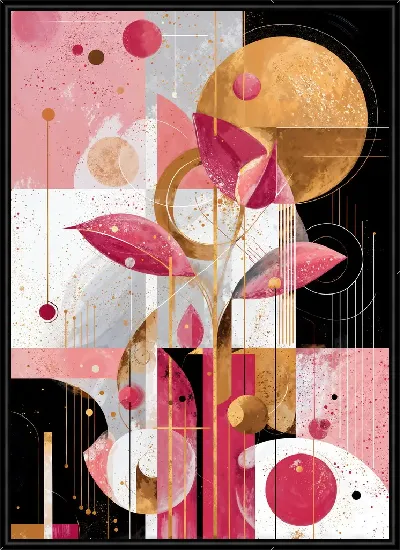 Картина Розовая абстракция с цветами и геометрическими формами в ярких цветах