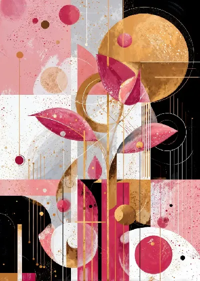 Плакат Розовая абстракция с цветами и геометрическими формами в ярких цветах