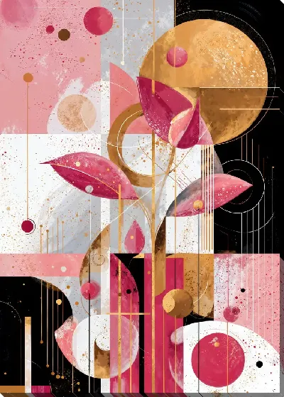 Постер Розовая абстракция с цветами и геометрическими формами в ярких цветах