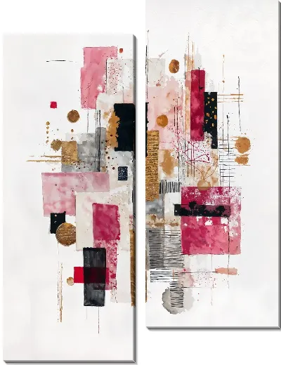 Модульная картина Абстракция с розовыми и черными формами в светлом фоне