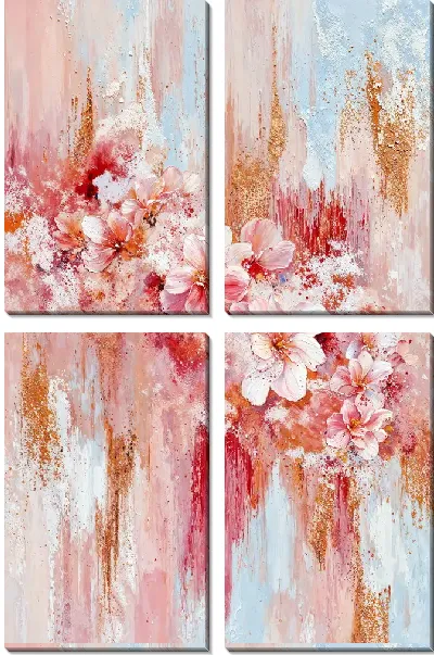Модульная картина Цветы на фоне абстрактного холста в светлых тонах и текстуре