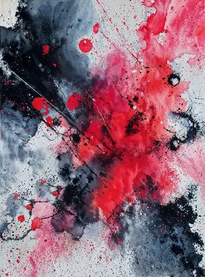 Плакат Яркое абстрактное искусство с красными и черными пятнами на белом фоне