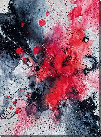 Постер Яркое абстрактное искусство с красными и черными пятнами на белом фоне