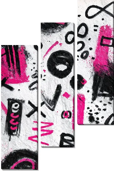 Модульная картина Абстрактные формы и символы на белом фоне с черным и розовым цветом