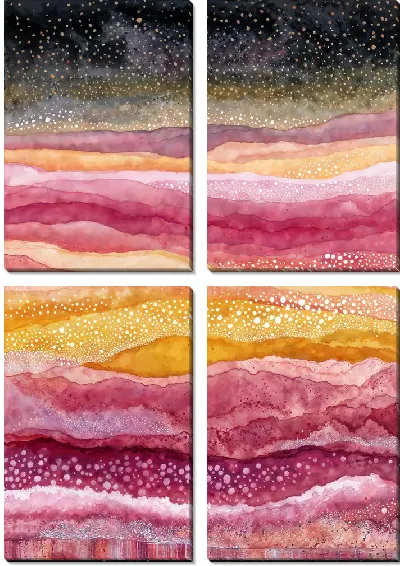 Модульная картина Красивый пейзаж с волнами розового и желтого на черном фоне
