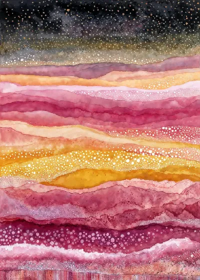 Плакат Красивый пейзаж с волнами розового и желтого на черном фоне