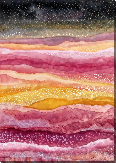 Постер Красивый пейзаж с волнами розового и желтого на черном фоне