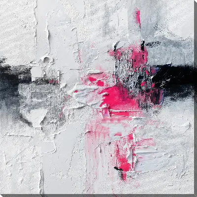 Картина маслом Абстракция с белыми и черными цветами и ярким розовым акцентом