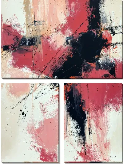 Модульная картина Цветные брызги и линии создают абстрактный арт с розовыми и черными тонами