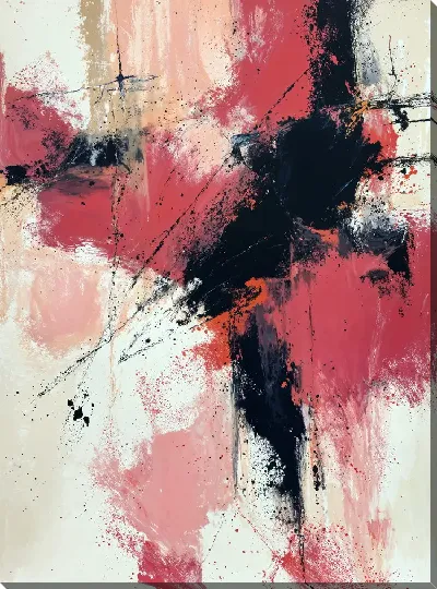 Постер Цветные брызги и линии создают абстрактный арт с розовыми и черными тонами