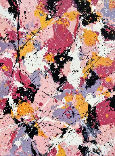 Плакат Абстрактная композиция с разноцветными пятнами и линиями на светлом фоне